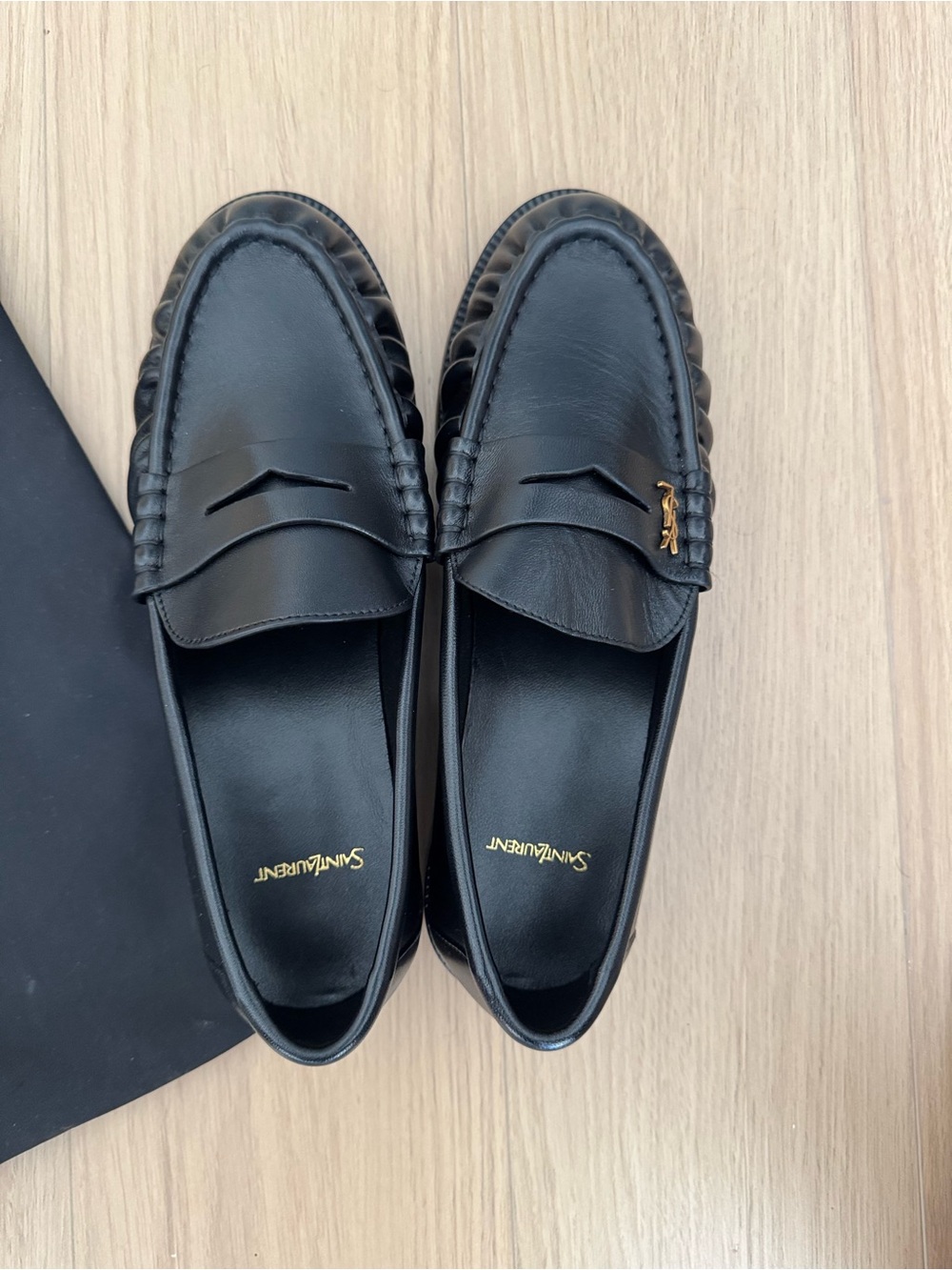 Saint Laurent Black Leather Penny Loafers with Gold YSL Accent - Picture 2 of 5